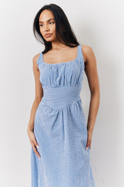 Blue Seersucker Gingham Milkmaid Midaxi Dress