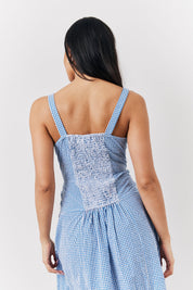 Blue Seersucker Gingham Milkmaid Midaxi Dress
