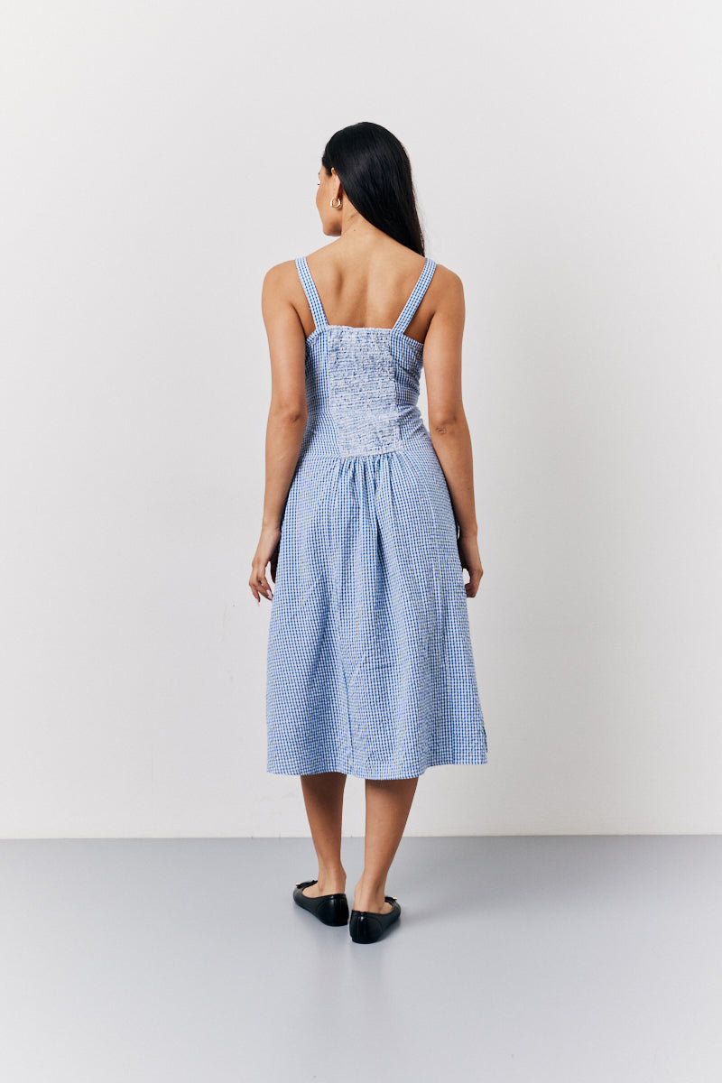 Blue Seersucker Gingham Milkmaid Midaxi Dress