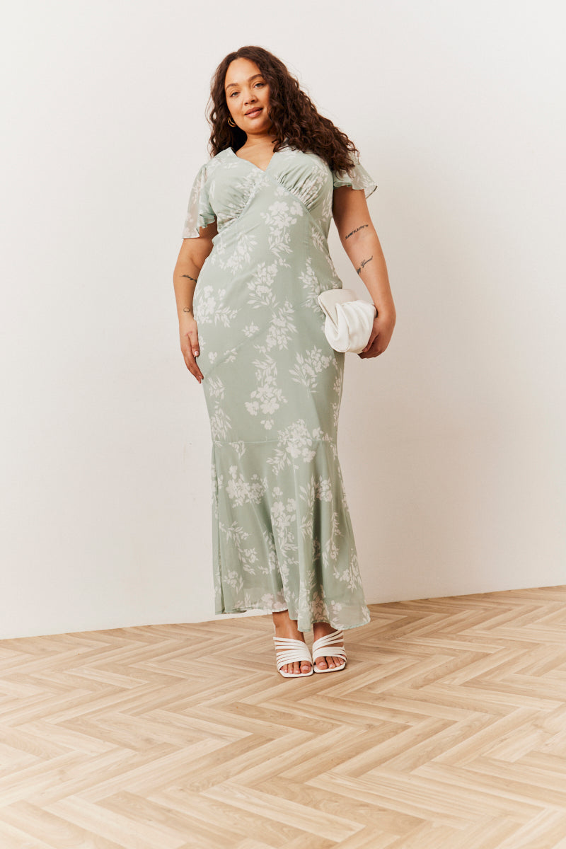 Sage Floral Print Chiffon Flutter Sleeve Maxi Dress InTheStyle Sage Floral Print Chiffon Flutter Sleeve Maxi Dress InTheStyle
