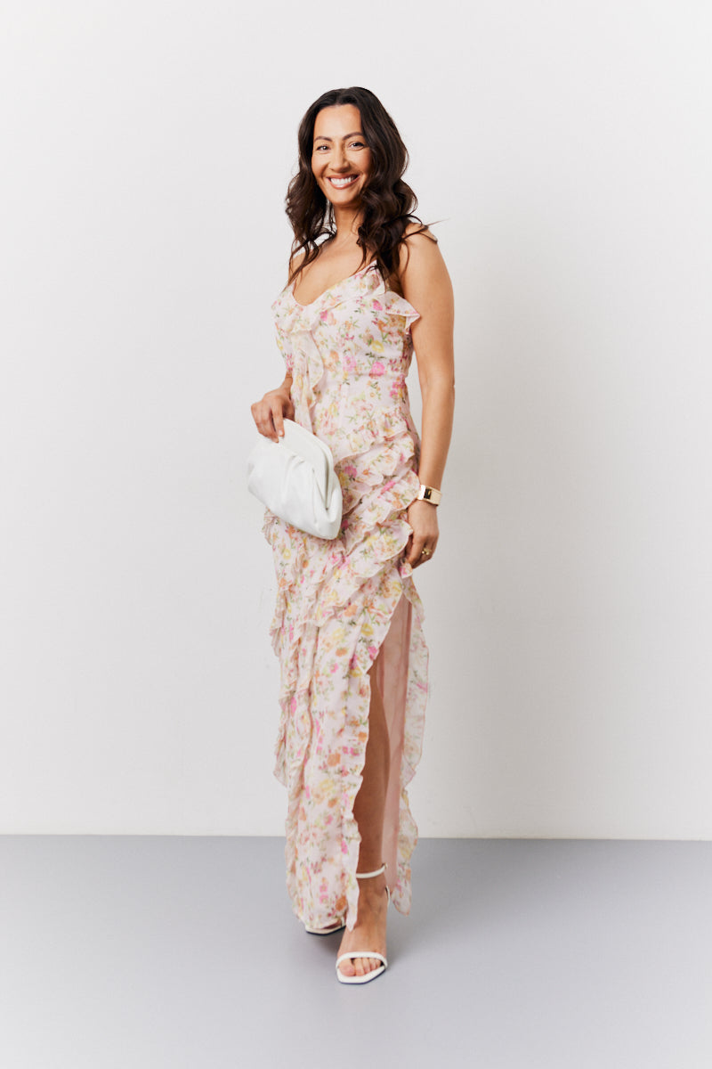 dusty pink floral print frill detail midi dress Stay Consistent Pink Floral Midi Dress – Shop the Mint main image 0