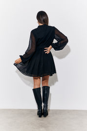 Black Dobby Belted Pleated Skater Dress