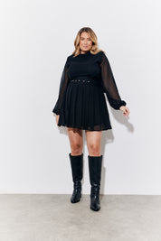 Black Dobby Belted Pleated Skater Dress