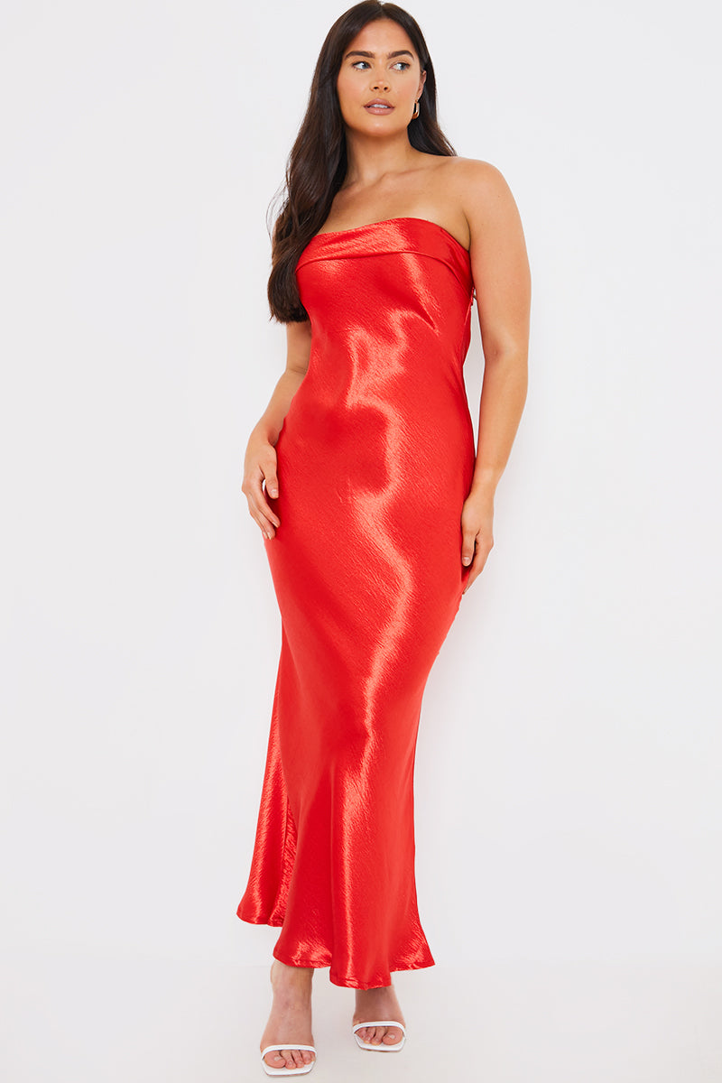 strapless open back dress Miss Circle Women Talia Red Satin Lace Corset Maxi Dress