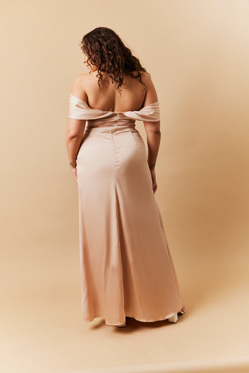 Light Gold Satin Bardot Ruched Maxi Dress