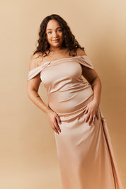 Light Gold Satin Bardot Ruched Maxi Dress
