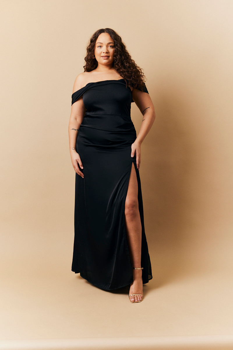 Black Satin Bardot Ruched Maxi Dress