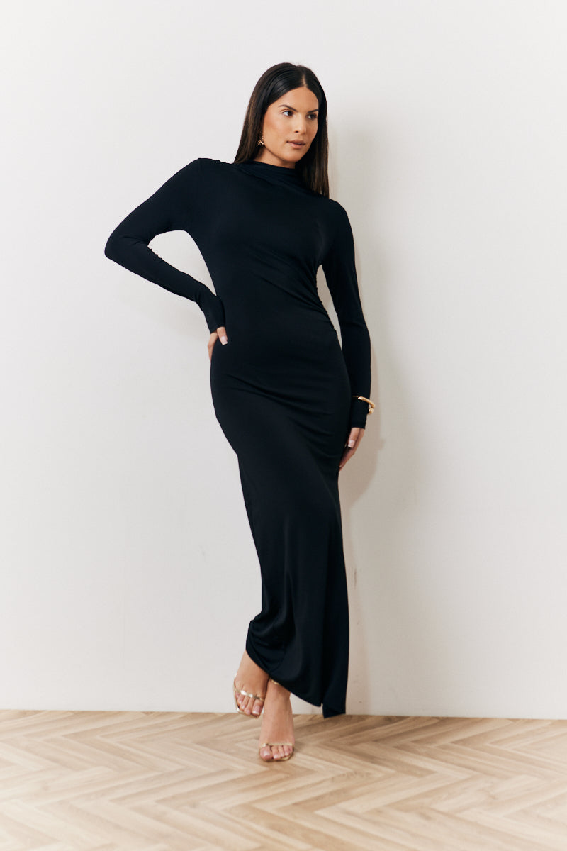 Its Draped High Neck Dress Black