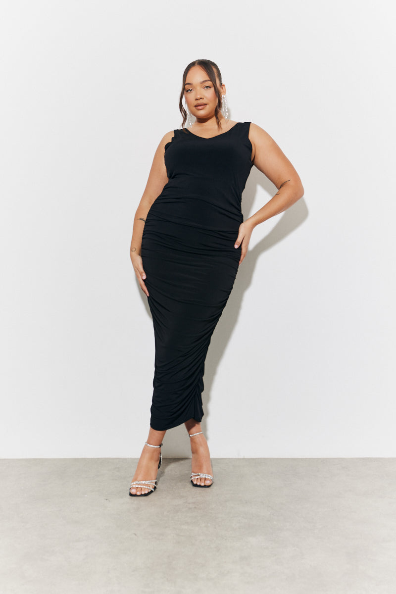 Magisculpt Plunge Neck Ruched Detail Midi Dress