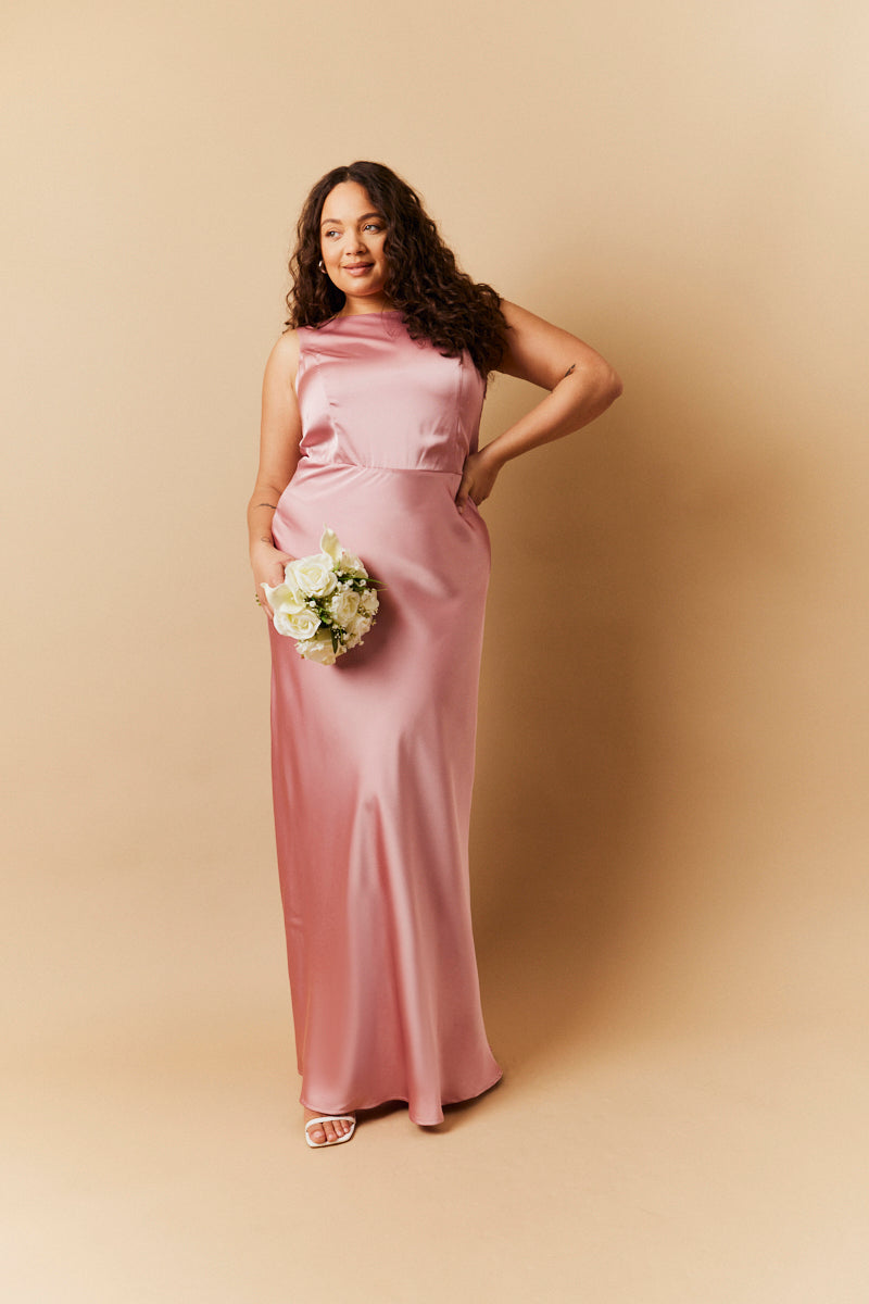 Rose Pink Satin Cowl Back Maxi Dress