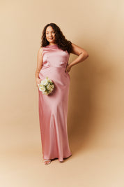 Rose Pink Satin Cowl Back Maxi Dress