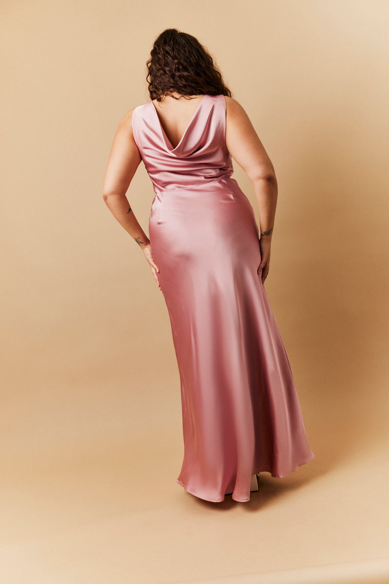 Rose Pink Satin Cowl Back Maxi Dress