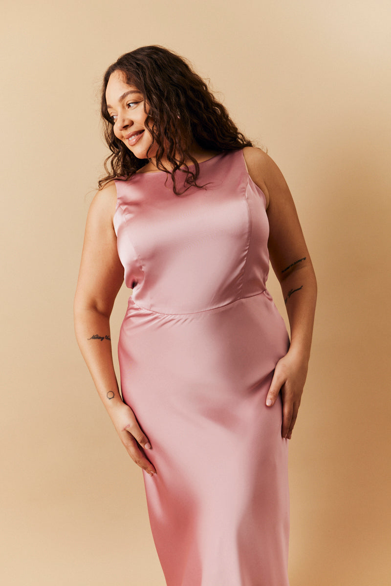 Rose Pink Satin Cowl Back Maxi Dress