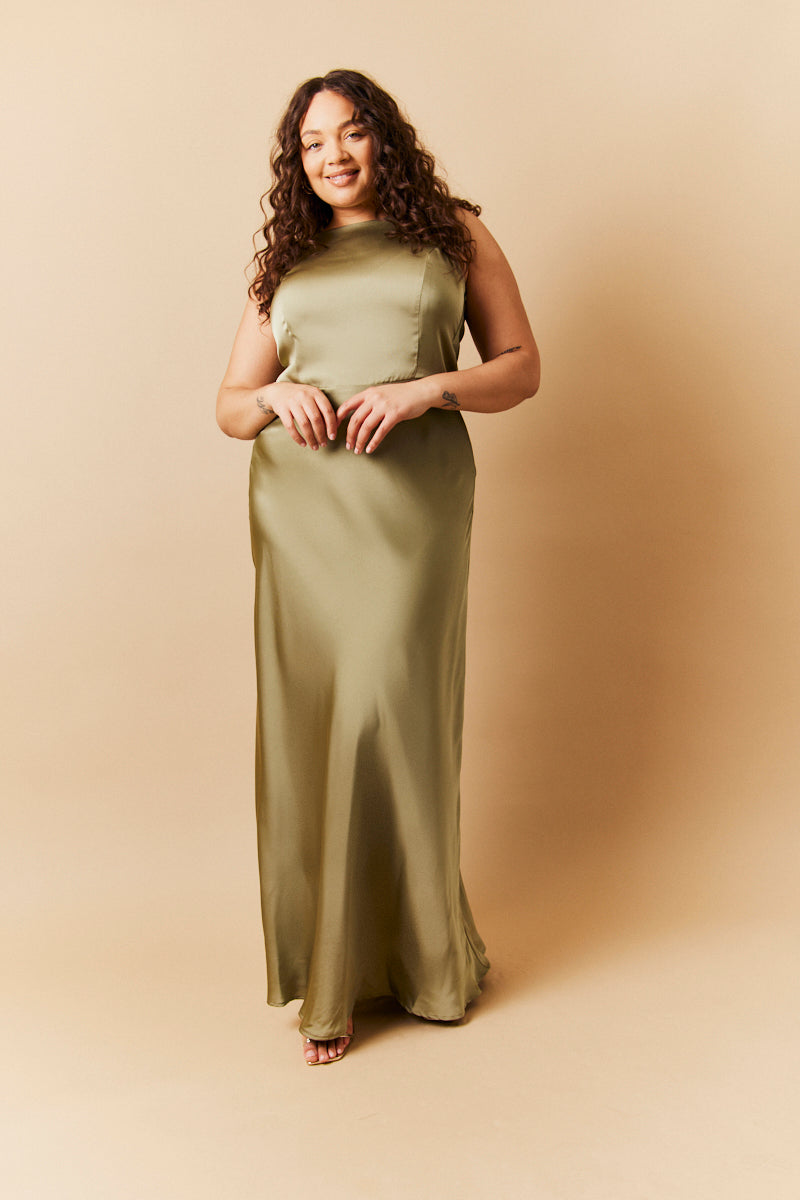 Olive Satin Cowl Back Maxi Dress