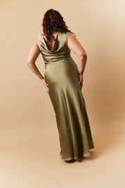 Olive Satin Cowl Back Maxi Dress