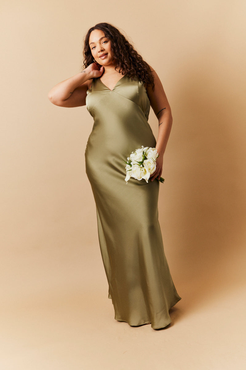 Olive Satin Twist Back Maxi Dress