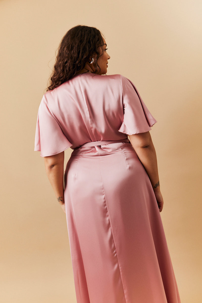 Rose Pink Satin Wrap Tie Angel Sleeve Maxi Dress