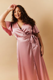 Rose Pink Satin Wrap Tie Angel Sleeve Maxi Dress