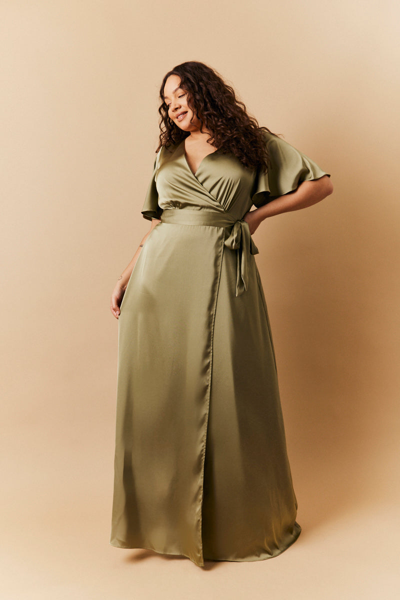 Olive Satin Wrap Tie Angel Sleeve Maxi Dress