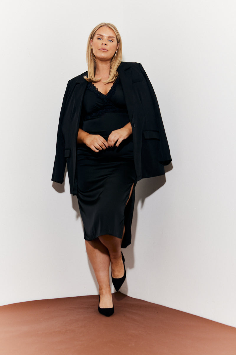 Lace Trim Satin Midi Dress