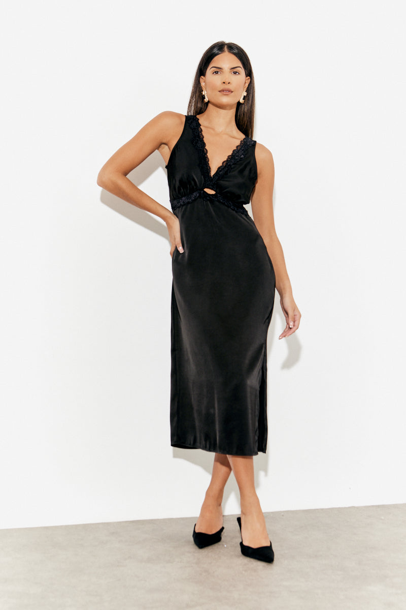 Lace Trim Satin Midi Dress