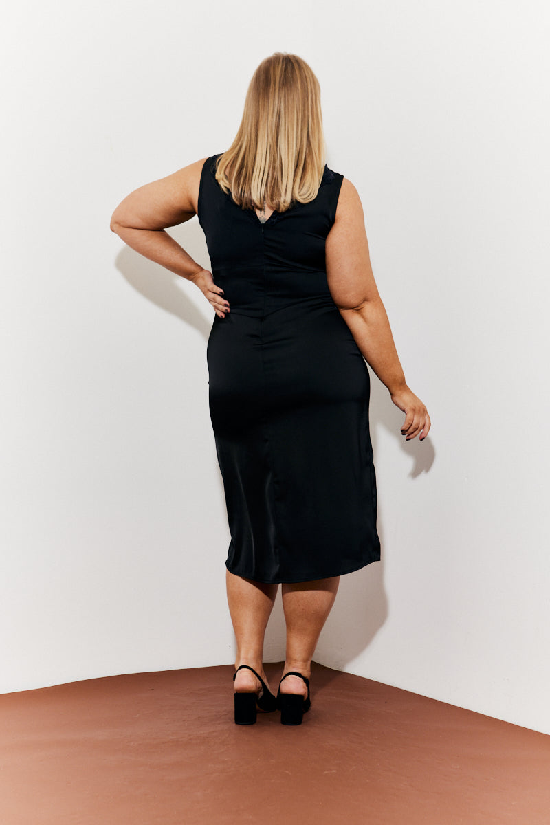 Lace Trim Satin Midi Dress