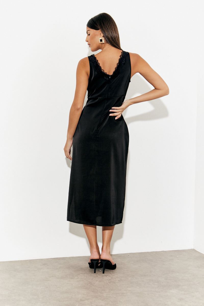 Lace Trim Satin Midi Dress