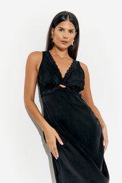 Lace Trim Satin Midi Dress
