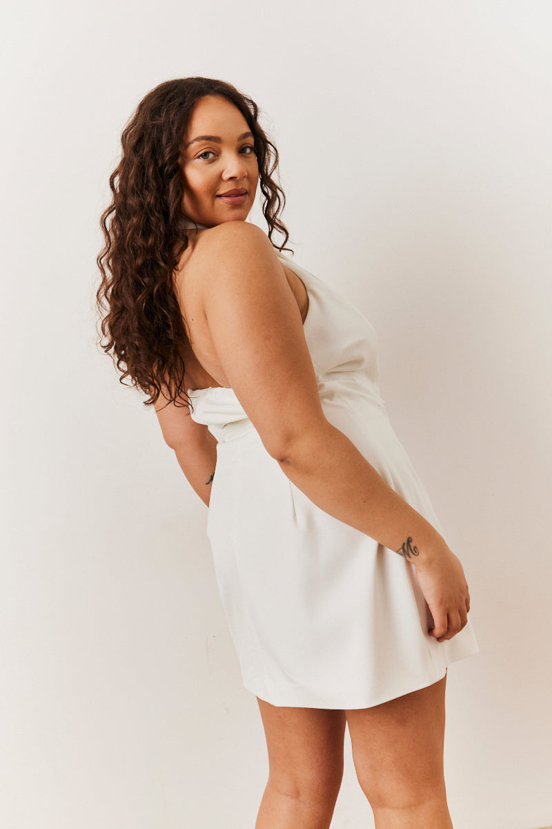 White Tailored Halterneck Mini Dress with Bow Detail