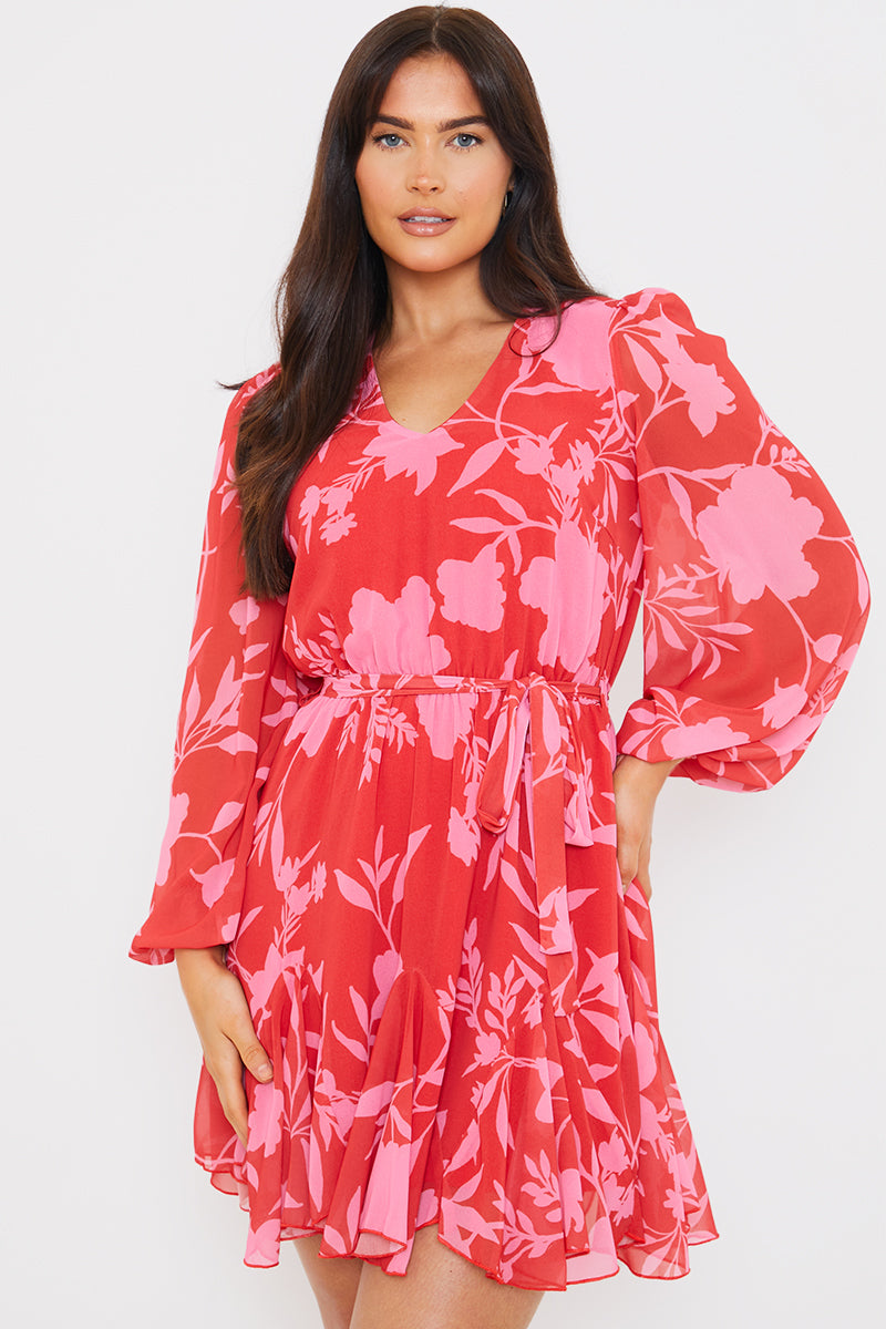 Floral Balloon Sleeve Godet Skater Dress