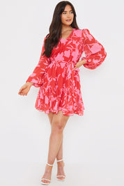 Floral Balloon Sleeve Godet Skater Dress
