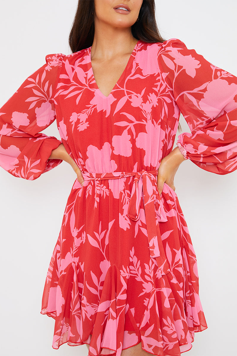 Floral Balloon Sleeve Godet Skater Dress