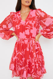 Floral Balloon Sleeve Godet Skater Dress