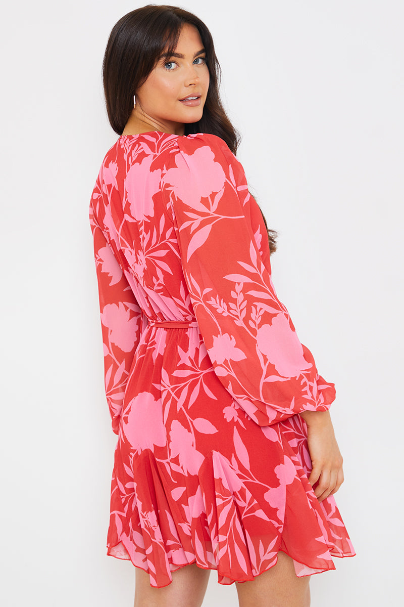 Floral Balloon Sleeve Godet Skater Dress