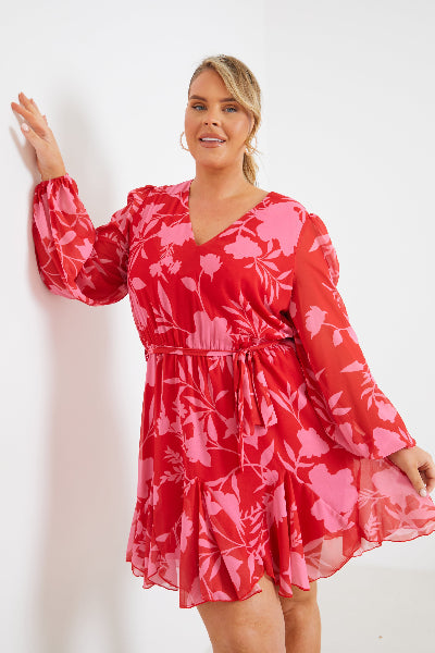 Floral Balloon Sleeve Godet Skater Dress