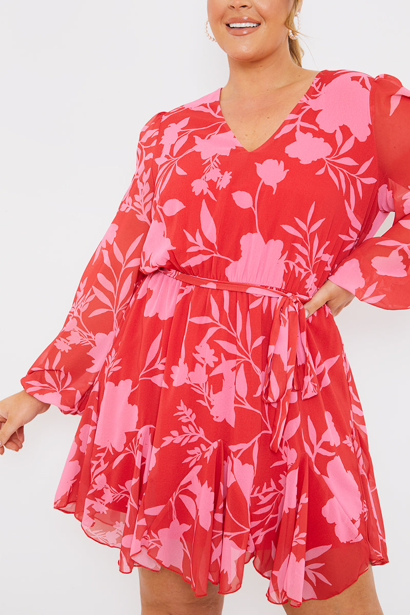 Floral Balloon Sleeve Godet Skater Dress