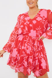 Floral Balloon Sleeve Godet Skater Dress