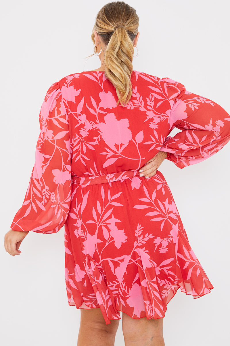 Floral Balloon Sleeve Godet Skater Dress