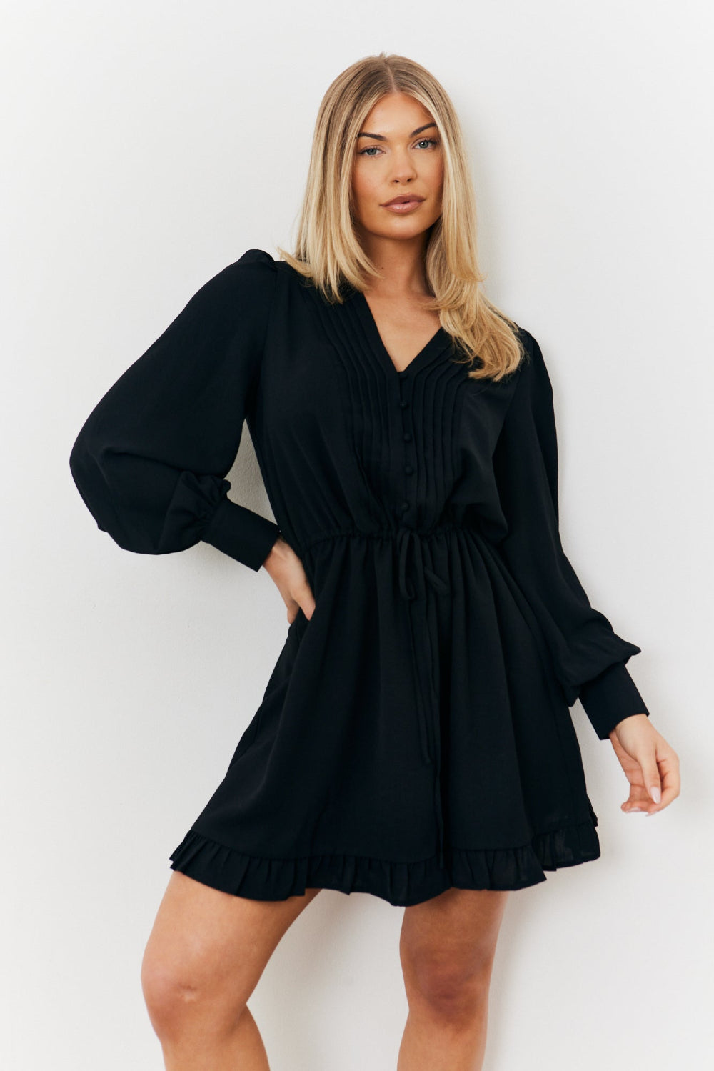 underwired bardot mini dress in black Black Denim Pintuck Tillie Mini Dress