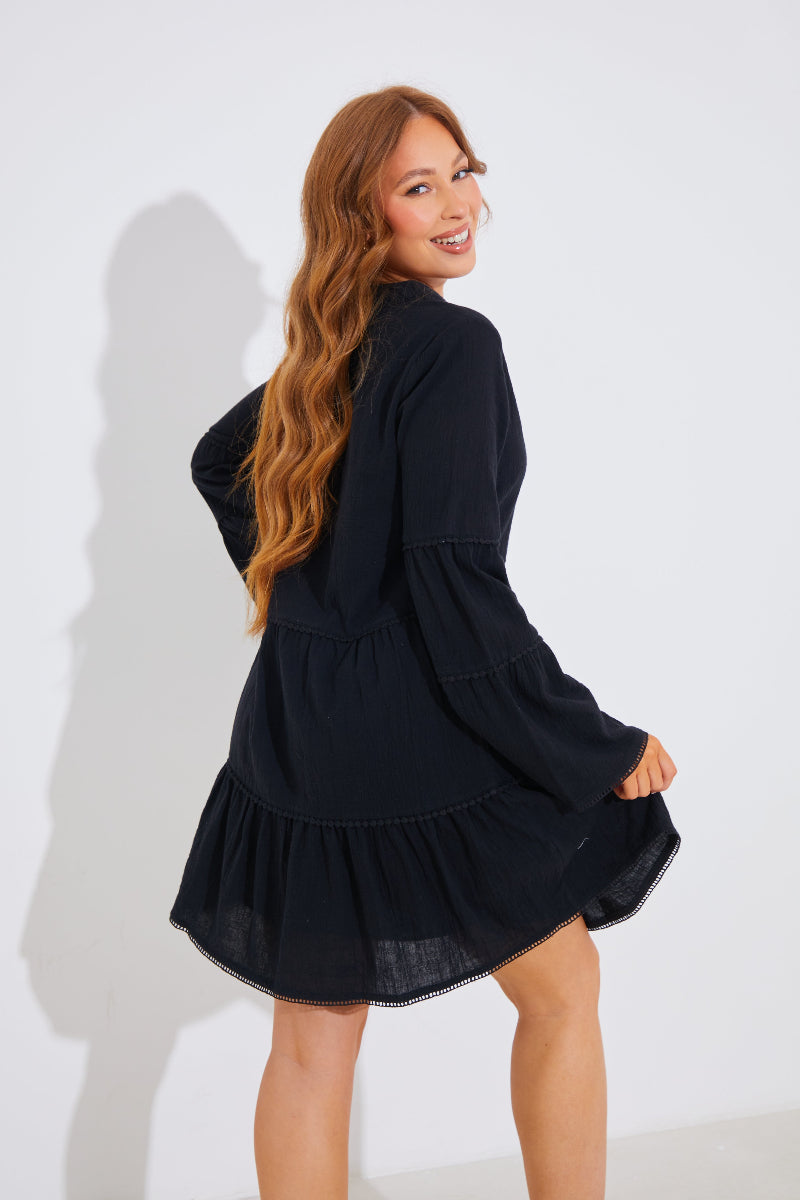 Ric Rac Braid Tielong Sleeve Smock Dress