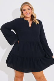 Trim Detail Tiered Long Sleeve Smock Dress
