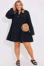 Trim Detail Tiered Long Sleeve Smock Dress