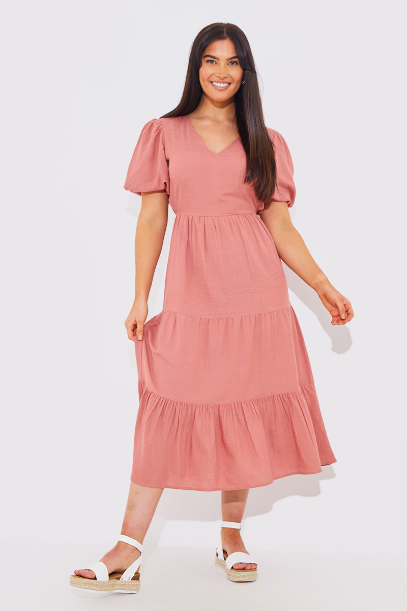 V Neck Tie Belt Sweater Dress Rust