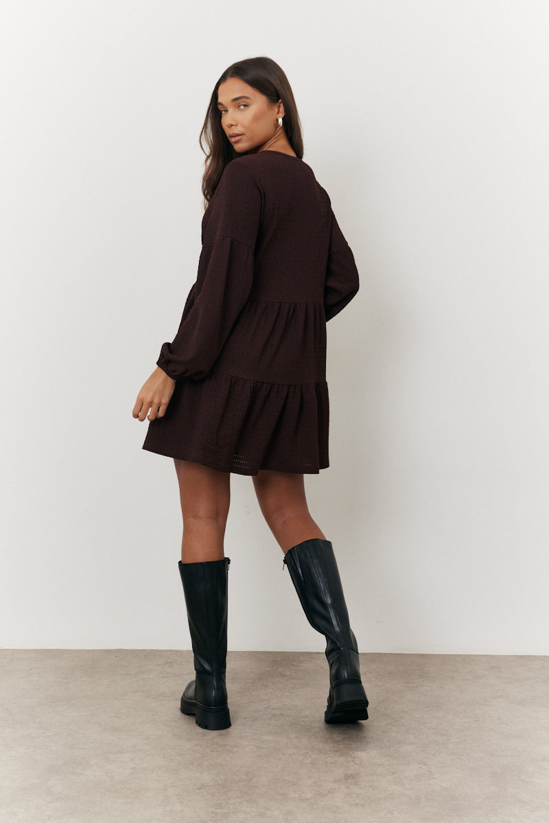 Textured Tie Front Detail Smock Dress