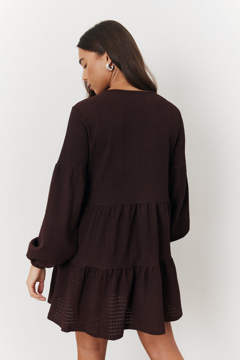 Textured Tie Front Detail Smock Dress