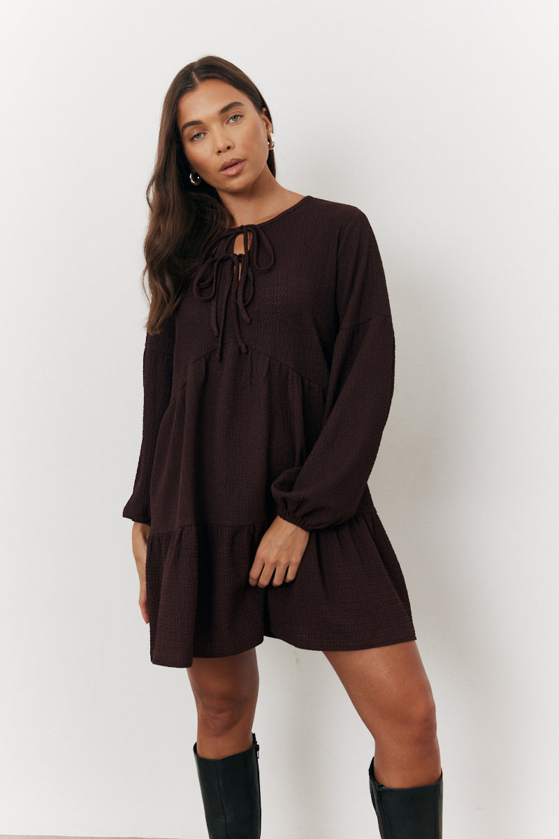 Textured Tie Front Detail Smock Dress