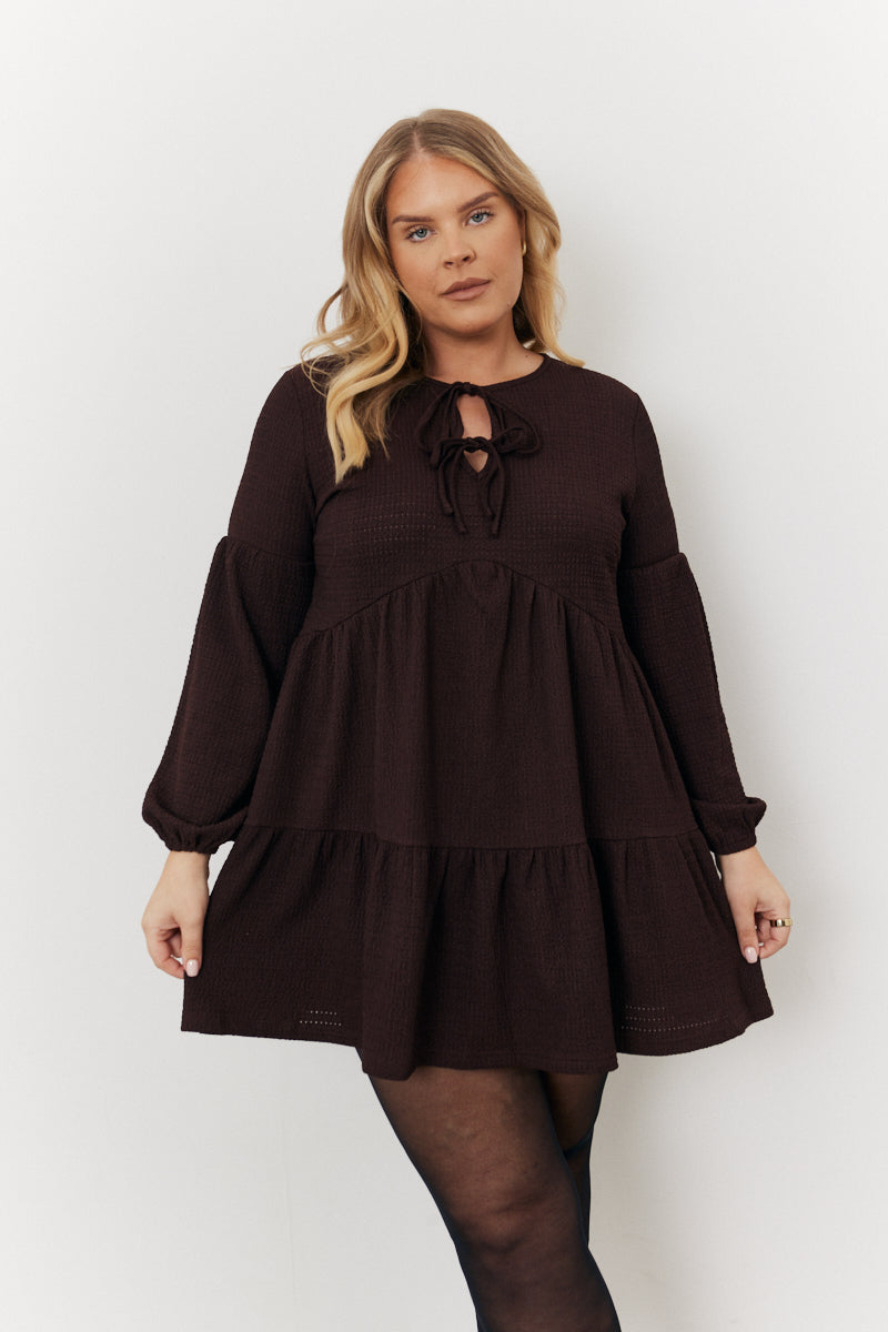 Textured Tie Front Detail Smock Dress