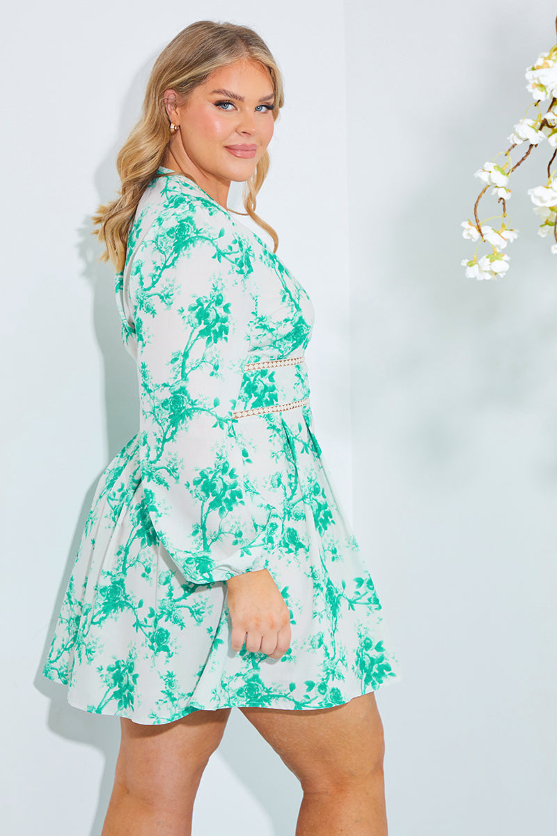 Printed Broderie Trim Mini Skater Dress