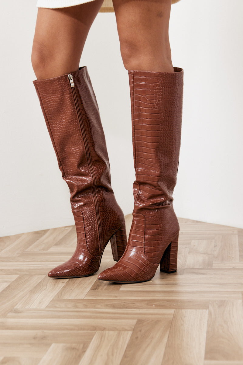 Leather Boots Outfit Croc Brown Knee High Boots Huw Boot Chocolate  Croc-Embossed Leather