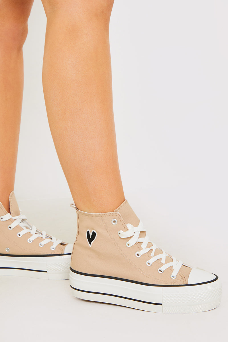 Embroidered Heart Detail Lace Up High Top Trainers
